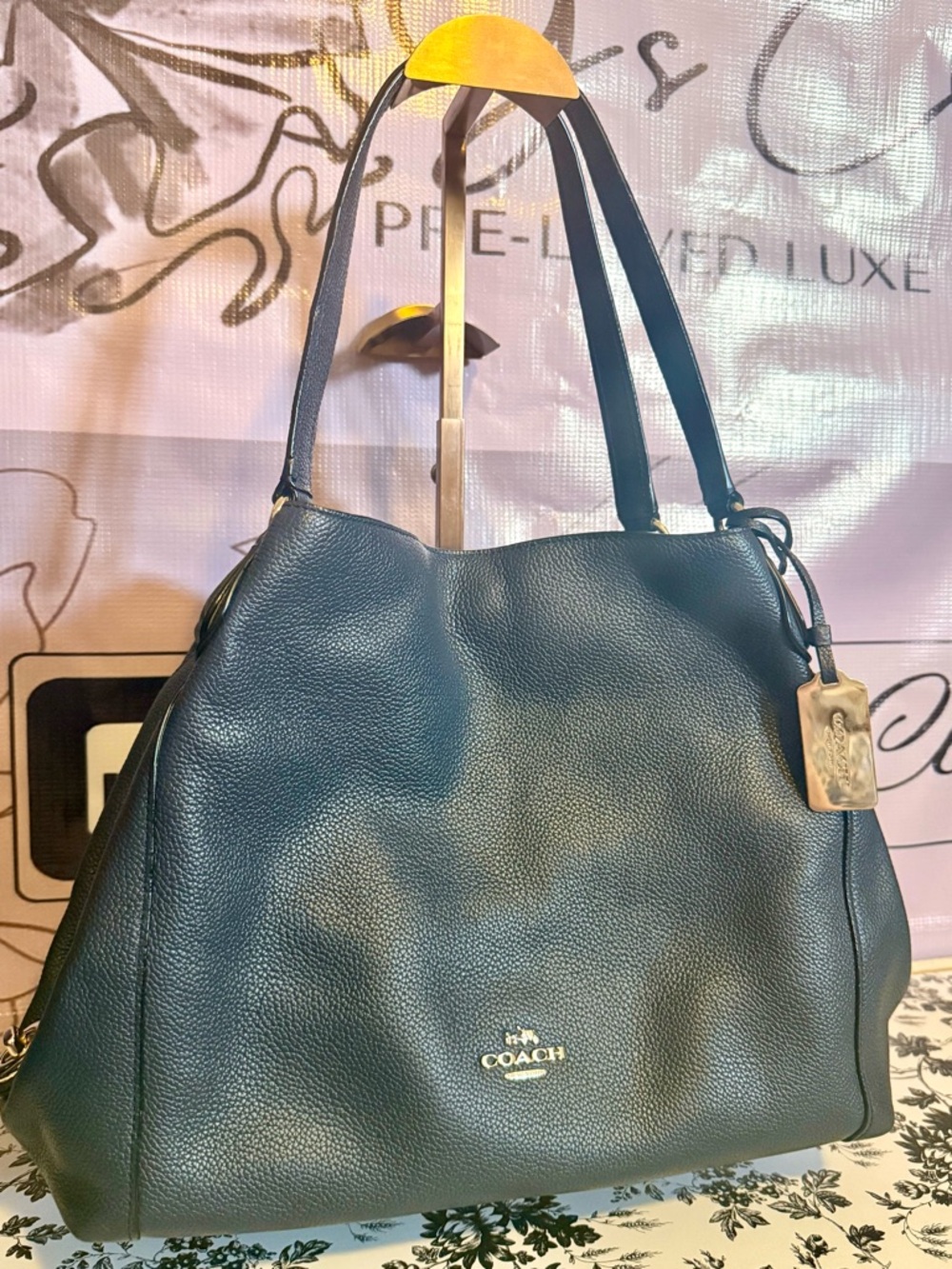 Coach Navy Blue Pebbled Leather Shoulder Tote - Picture 5 of 7